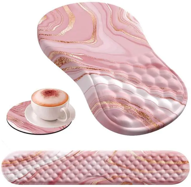 Alt view image 8 of 14 - Keyboard Wrist Rest, Ergonomic Mouse Pad with Wrist Rest, 3 in 1 Keyboard and Mouse pad with Coaster Set, Memory Foam Wrist Support, Non-Slip PU Base for Home Office, Rose Gold Pink