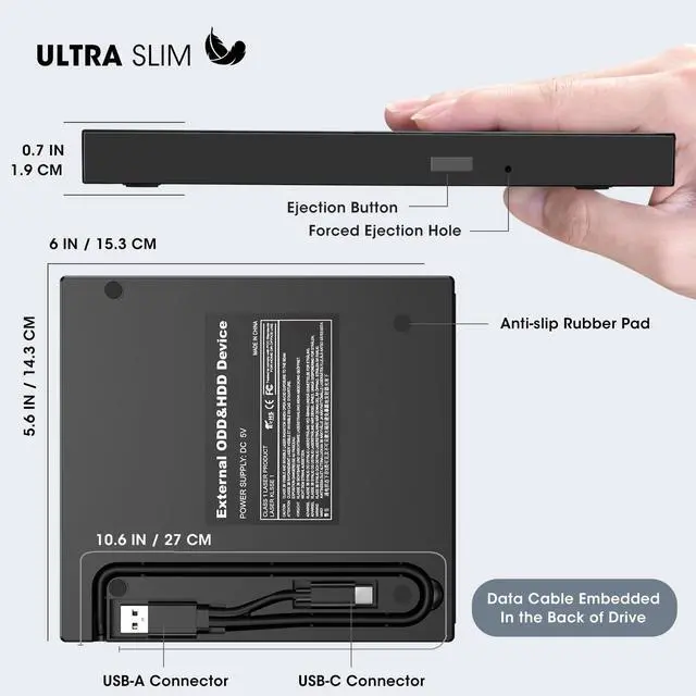 Alt view image 14 of 14 - External CD DVD Drive Player Burner USB 3.0 & USB-C Portable CD/DVD-ROM +/-RW Optical Disk Drive with 4 USB Ports + 2 SD/TF Card Reader + Carrying Case for Laptop PC Windows Mac Linux Computer