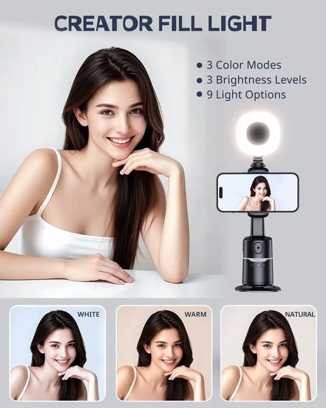 Alt view image 11 of 14 - Auto Face Tracking Tripod with Adjustable Desk Tripod, 360° Rotating vlogging kit for iPhone with Remote & Gesture Control, Rechargeable Selfie Fill Light, No App Required