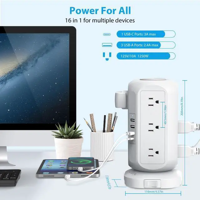 Alt view image 9 of 13 - Tower Power Strip Flat Plug with 12 Outlets 4 USB(1 USB C), Surge Protector Charging Station with Overload Protection, Widely Spaced Multiple Outlets 10Ft Extension Cord for Home, Dorm,Office