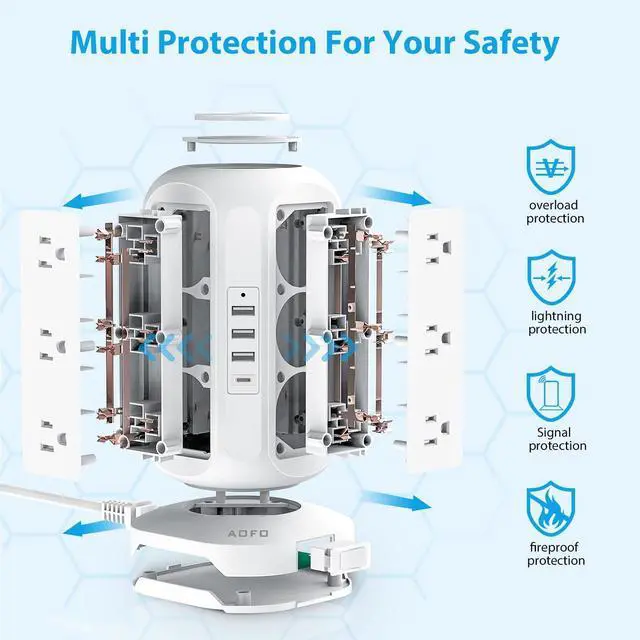 Alt view image 11 of 13 - Tower Power Strip Flat Plug with 12 Outlets 4 USB(1 USB C), Surge Protector Charging Station with Overload Protection, Widely Spaced Multiple Outlets 10Ft Extension Cord for Home, Dorm,Office
