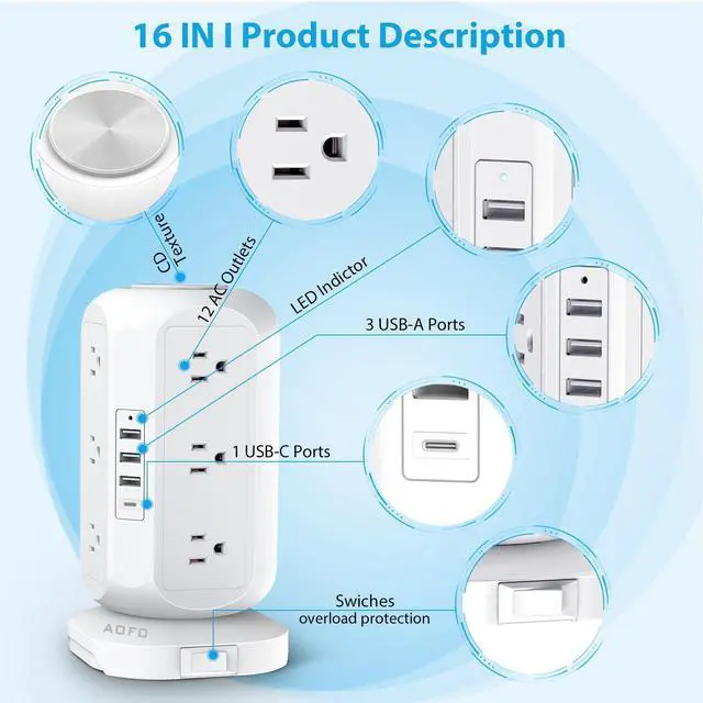 Alt view image 10 of 13 - Tower Power Strip Flat Plug with 12 Outlets 4 USB(1 USB C), Surge Protector Charging Station with Overload Protection, Widely Spaced Multiple Outlets 10Ft Extension Cord for Home, Dorm,Office