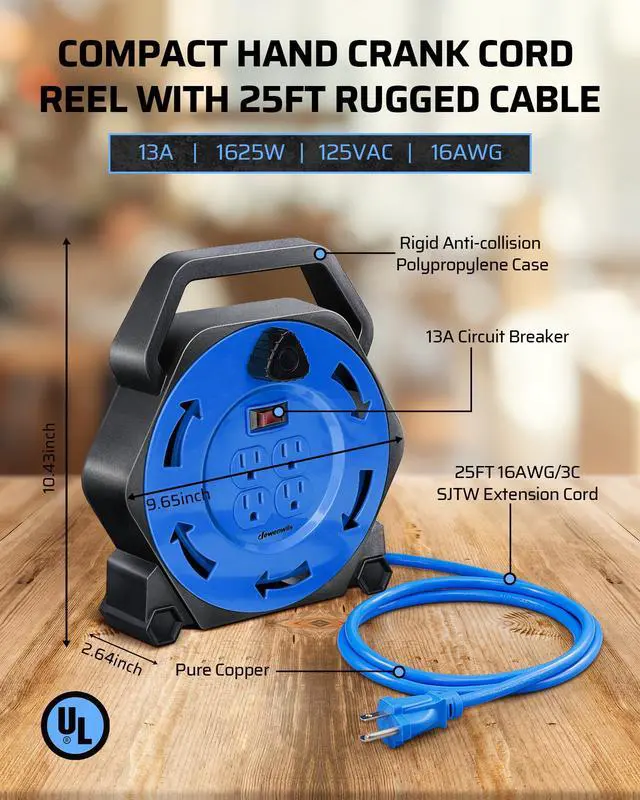Alt view image 10 of 11 - Extension Cord Reel with 25 FT Power Cord, Hand Wind Retractable, 16/3 AWG SJTW, 4 Grounded Outlets, 13 Amp Circuit Breaker, Blue, Blue Cord, UL Listed