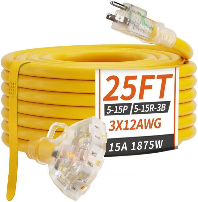 Alt view image 8 of 14 - 25 FT 12/3 Gauge Outdoor Extension Cord with Multiple Outlets Light Indicator, Flexible 3 Outlet Weatherproof Heavy Duty Extension Cord Waterproof Yellow, 15A 1875W 12AWG SJTW, ETL Listed