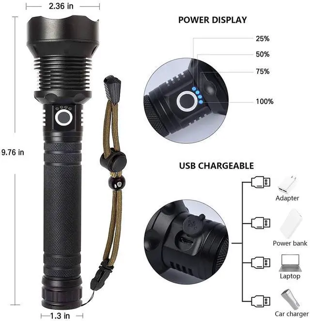 Alt view image 12 of 14 - Rechargeable LED Flashlights High Lumens, 90,000 Lumens Super Bright Flashlight with 5 Modes & Waterproof, Powerful Handheld Flashlight for Camping Emergencies