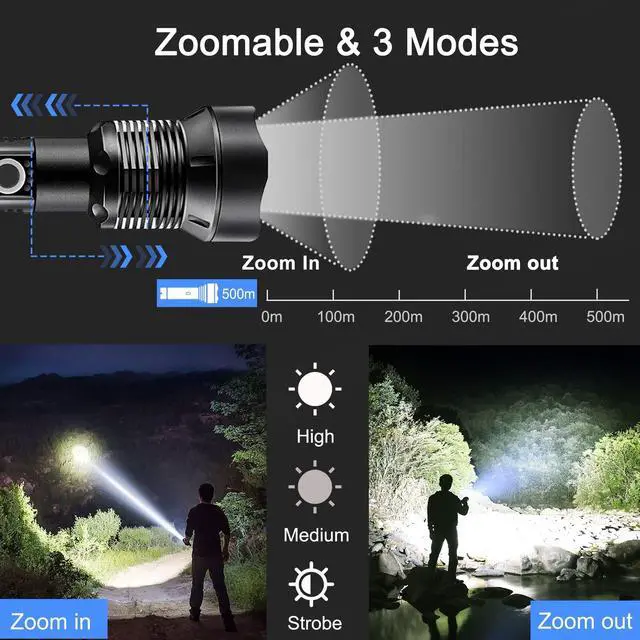 Alt view image 10 of 14 - Rechargeable LED Flashlights, 100000 High Lumens Super Bright Flashlights with 5 Modes Waterproof Zoomable Flash Light for Outdoor Emergency