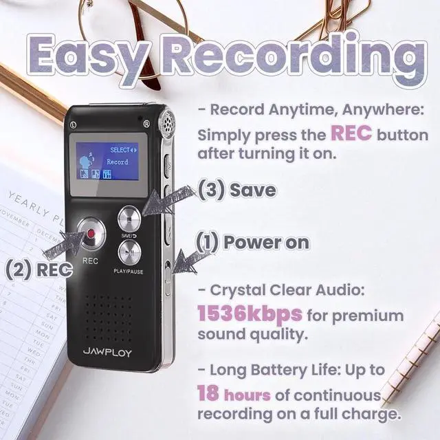 Alt view image 9 of 12 - 64GB Digital Voice Recorder for Lectures Meetings Voice Activated Recording Device with Playback, Portable Audio Recorder Small Tape Recorder Dictaphone, Interviews, USB, MP3, Password