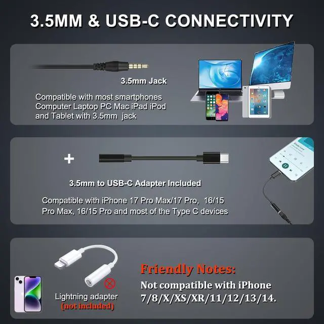 Alt view image 9 of 14 - Wired Computer Headset, 3.5mm/USB-C Headset with Mic Noise Cancelling, Cell Phone Headphone for PC Laptop Mac iPhone 15/16/17 Samsung Zoom Teams Call Center Home Office Work, in-line Controls