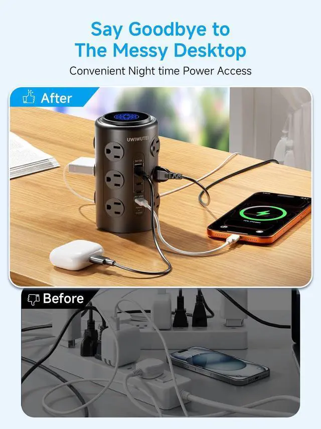 Alt view image 12 of 14 - Tower Power Strip with Night Light,PD20W USB C Power Strip Tower with Multiple Outlets, 12 Outlets,5 USB Ports (3 USB-C), 6FT Extension Cord Desk Charging Station for Home,Office,Dorm Essentials,Black
