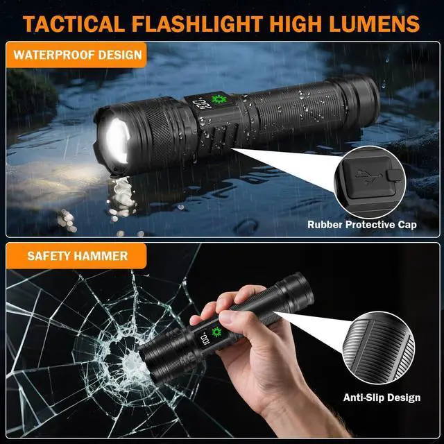Alt view image 13 of 14 - 3Pack Rechargeable Flashlights High Lumens 9900FL, LED Flashlight Rechargeable with LCD Digital Display, 5Modes Adjustable Flash Light, Super Bright Flashlight Powerful, Tactical Flashlights for Home