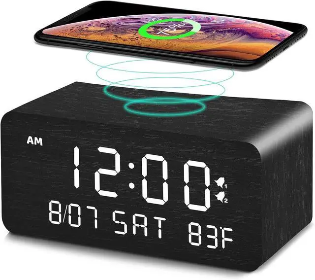 Alt view image 8 of 14 - Wooden Digital Alarm Clock with Wireless Charging, 0-100% Adjustable Brightness Dimmer and Alarm Volume, Weekday/Weekend Mode, Dual Alarm, Snooze, 12/24H, Wood LED Clock for Bedroom (Black)