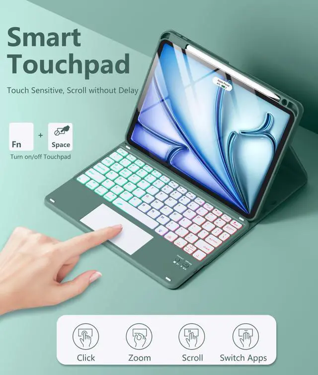 Alt view image 11 of 14 - for iPad Air 11 Inch & Air 5th 4th Generation Case with Keyboard - Multi-Touch Trackpad, 7 Colors Backlit, Detachable Stain Proof Folio Cover for iPad Pro 11-in 4th 3rd 2nd 1st Gen, Pine Green
