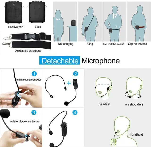 Alt view image 13 of 14 - Voice Amplifier with Bluetooth, Portable Speaker and Microphone Set, Wireless Mic Headset Speaker for Teachers, Tour Guide, Public Speaking, Fitness Instructors, Features Mute, 15W WB002