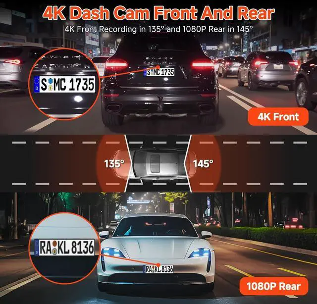Alt view image 11 of 14 - 4K Dash Cam,3.6" IPS Touch Screen,1080P Dash Camera for Cars,Built-in WiFi,G-Sensor,Night Vision, Loop Recording,7/24H Parking Mode,Dash Cam Front and Rear with 64GB Card Included