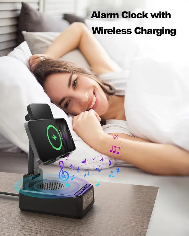 Alt view image 13 of 14 - Birthday Gifts for Men Women,Cell Phone Stand with Wireless Bluetooth Speaker,Wireless Phone Charger Stand Alarm Clock for iPhone,Holiday Gifts for Men Women Dad Mom Husband Teen Cool Tech Gadgets