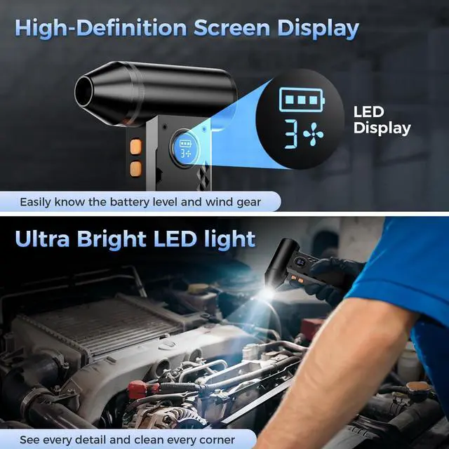 Alt view image 11 of 14 - Compressed Air Duster, 150000RPM Electric Air Duster with LED Display & Light, 4 Gear Adjustable Cordless Air Blower, Rechargeable Brushless Motor Turbo Fan for Keyboard, Electronic Devices, Home, Car