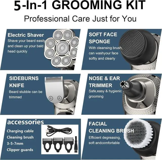 Alt view image 11 of 14 - 2025 New 9D Head Shavers for Bald Men, 5-in-1 Electric Razor Bawldy 9.0 Floating Pro Ultra Groomie Shaver IPX6 Waterproof with LCD Display Type-C Rechargeable Wet Dry Use Grooming Kit