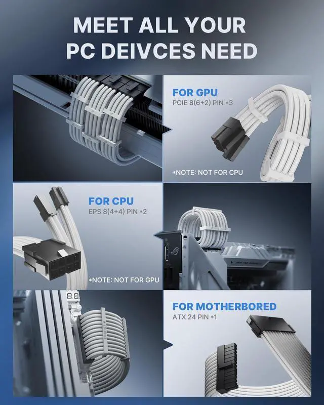 Alt view image 12 of 14 - 16AWG Pro Power Supply Sleeved Cable, White Power Supply Extension Cable Dual EPS Kit, 1x24-PIN/ 2x8-PORT (4+4) M/B,3x8-PORT (6+2) PCI-E, 30cm Length with 2 Set of Combs