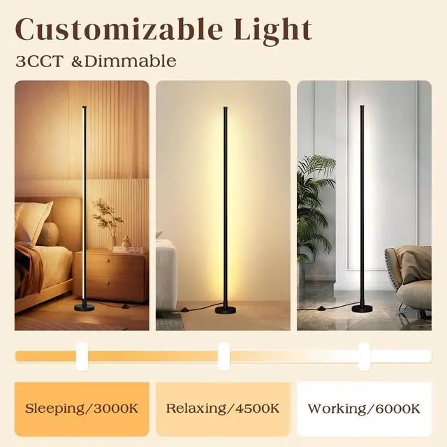 Alt view image 9 of 14 - Corner Lamp, Minimalist Floor lamp with Remote Control, Dimmable Corner Light,Corner Floor Lamp for Living Room, Bedroom, Home Office, 7 Color Temperature 3000K-6000K (black-56.7in, 1 Pack)