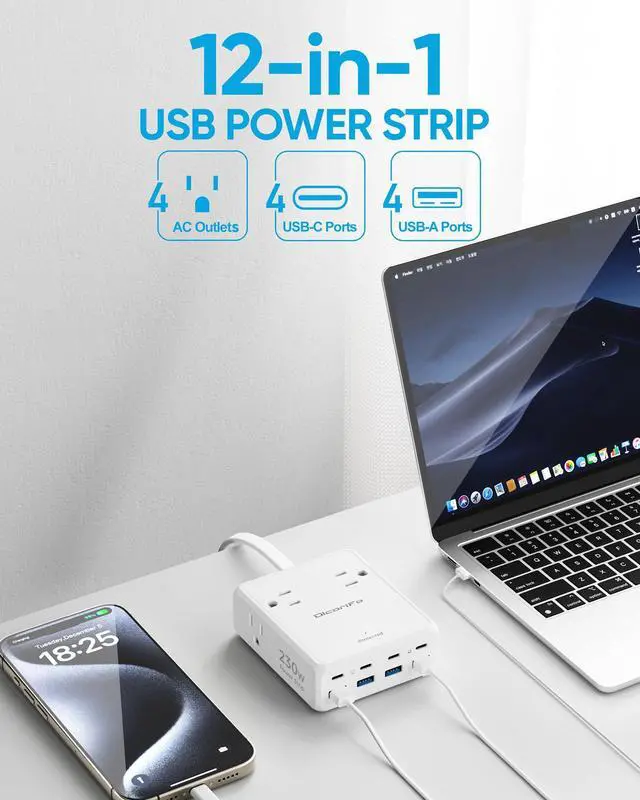 Alt view image 9 of 12 - 230W USB Power Strip, Ultra Thin Flat Plug Extension Cord 5FT, 4 AC Outlets 8 USB Ports(4 USB-C&4 USB A), 2000J Surge Protector, Home Office Dorm Travel Essentials