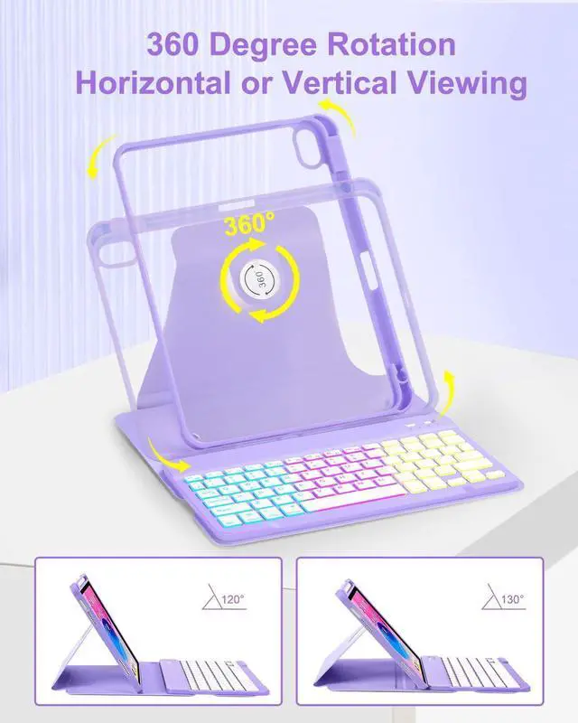 Alt view image 8 of 14 - Case with Keyboard Mouse for iPad A16 11th 10th Generation 11/10.9 inch,Rainbow Backlit Detachable Keypad Rotatable Magnetic Cover with Pencil Holder for iPad 11 2025 10 Gen 2022 Purple