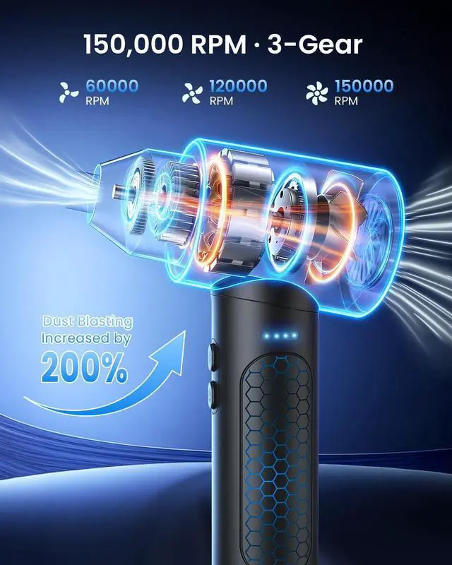 Alt view image 9 of 14 - Electric Air Duster 150000RPM Powerful Compressed Air Duster with LED Light, 3 Gears, 7500mAh Battery & Fast Charging, Rechargeable Air Blower for Computer, Keyboard, PC, Car, House & Outdoor