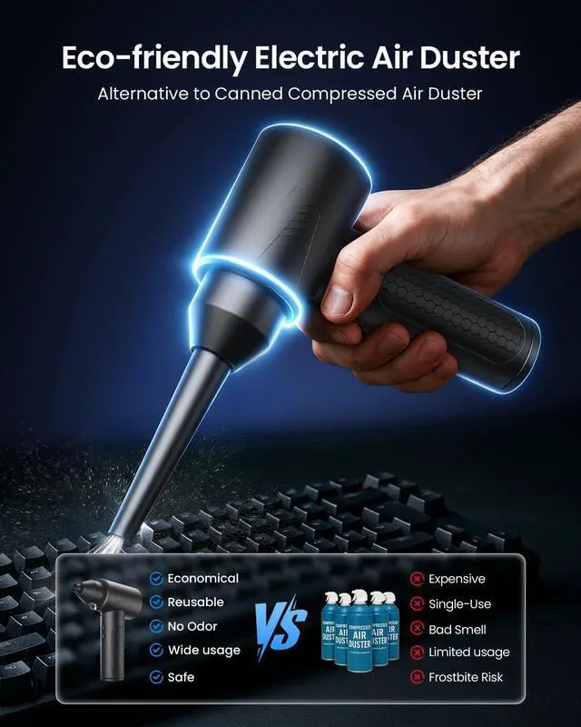 Alt view image 10 of 14 - Electric Air Duster 150000RPM Powerful Compressed Air Duster with LED Light, 3 Gears, 7500mAh Battery & Fast Charging, Rechargeable Air Blower for Computer, Keyboard, PC, Car, House & Outdoor