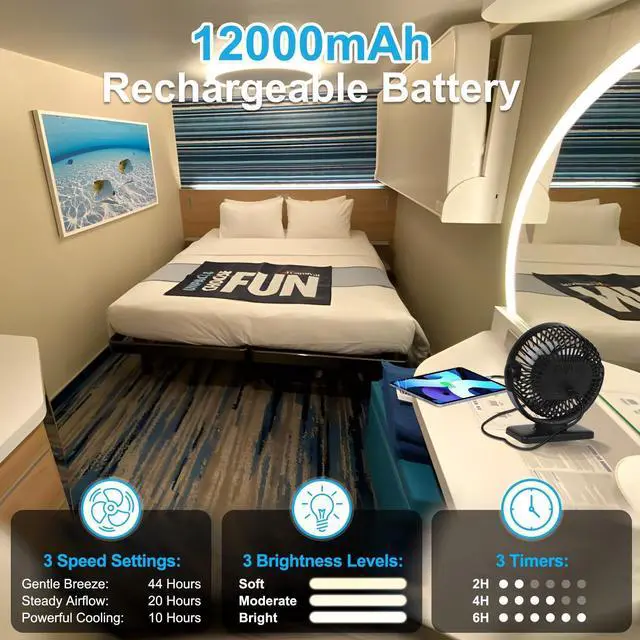 Alt view image 11 of 14 - 6 Inch Magnetic Fan 12000mAh Rechargeable Portable Fan with Strong Magnet Base, LED Light, 360° Rotation Head, Timer&Power Output, Perfect Cruise Essentials for All Major Cruises