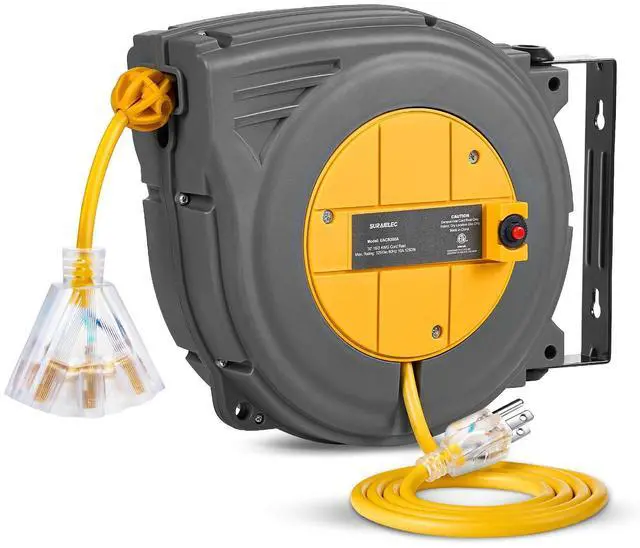 Alt view image 8 of 14 - 30 FT Retractable Extension Cord Reel, 16AWG/3C SJTW Power Cord Reel, 3 Electrical Outlets Triple Tap, 10A Circuit Breaker, Wall Mount/Ceiling Hanging for Workshop, Garage, ETL Listed