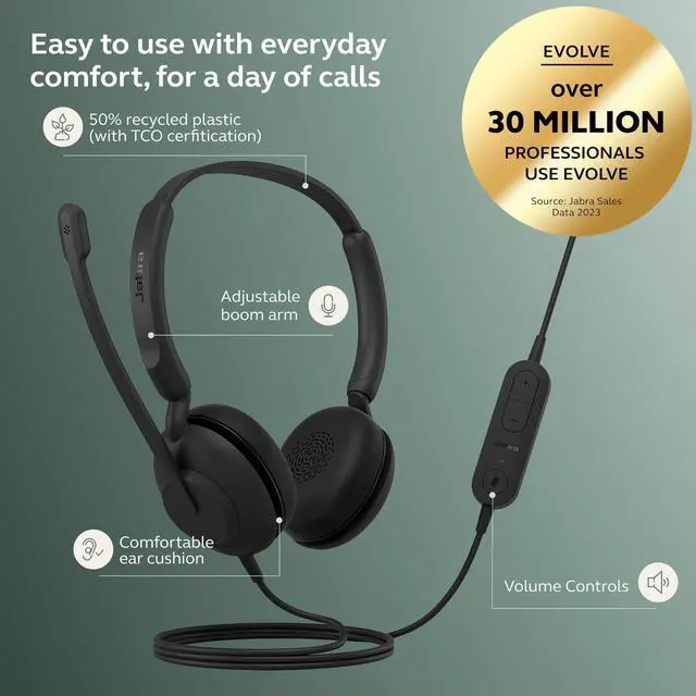 Alt view image 9 of 14 - Evolve 10 Wired Headset with Noise-Cancelling Microphone for PC/Laptop Use, Easy USB-A Setup, TCO Certified, Lightweight Design, Inline Call/Volume Controls for Online Meetings, Black
