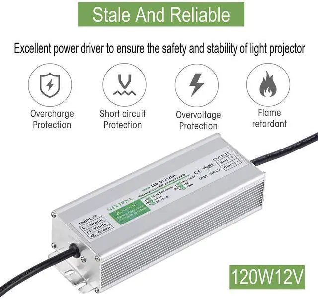 Alt view image 9 of 14 - LED Driver 120 Watts Waterproof IP67 Power Supply Transformer Adapter 100V-260V AC to 12V DC Low Voltage Output for LED Light, Computer Project, Outdoor Light and Any 12V DC led Lights