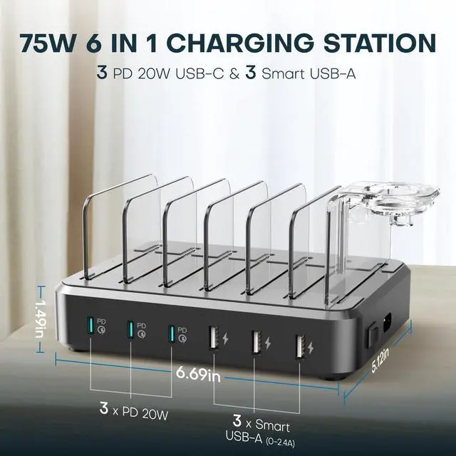 Alt view image 10 of 14 - Charging Station for Multiple Devices,75W 6 Port Multi USB C Fast Charger Station with 7 Mixed Charging Cables,USB Charging Dock Compatible with iPhone, Samsung, iPad, Tablet and More