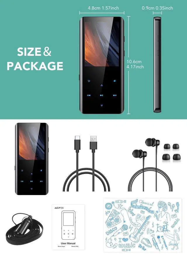Alt view image 14 of 14 - 64GB MP3 Player with Bluetooth 5.3, A19PL 2.4" Curved Screen Portable Music Player with Speaker Lossless Sound with FM Radio, Voice Recorder, Supports up to 128GB, Black