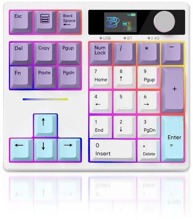 Alt view image 8 of 12 - TD31Pro Mechanical Number Pad,30 Keys Hot Swap Wireless BT5.0/2.4GHz/Type-C Wired Numeric Keypad Programmable RGB Gaming Numpad Keyboard with Knob Screen for Laptop/Mac (White-Purple)