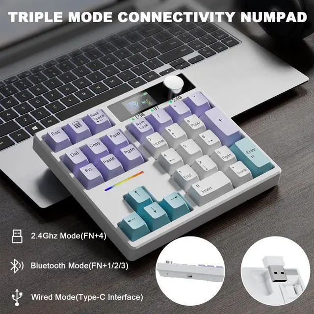 Alt view image 12 of 12 - TD31Pro Mechanical Number Pad,30 Keys Hot Swap Wireless BT5.0/2.4GHz/Type-C Wired Numeric Keypad Programmable RGB Gaming Numpad Keyboard with Knob Screen for Laptop/Mac (White-Purple)
