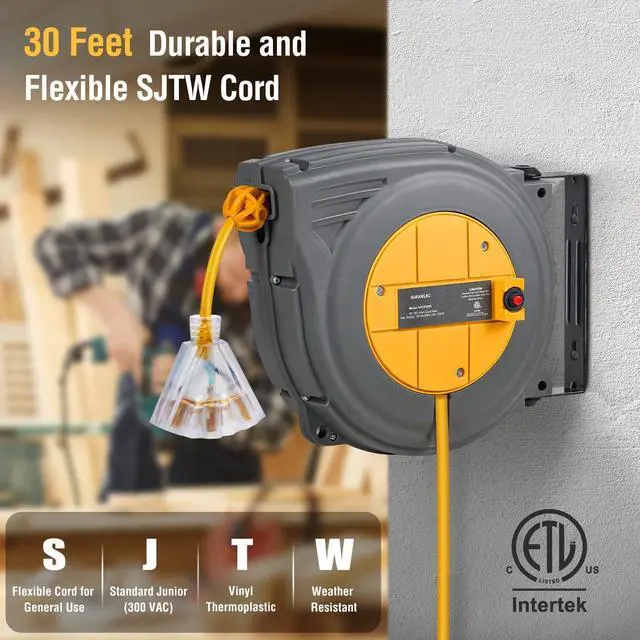 Alt view image 10 of 14 - 30 FT Retractable Extension Cord Reel, 16AWG/3C SJTW Power Cord Reel, 3 Electrical Outlets Triple Tap, 10A Circuit Breaker, Wall Mount/Ceiling Hanging for Workshop, Garage, ETL Listed