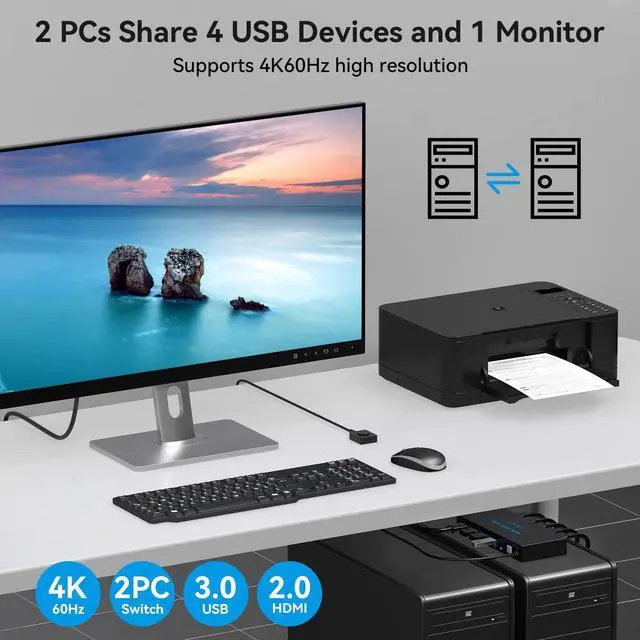 Alt view image 11 of 14 - Switch 1 Monitor 2 Computers 4K60Hz KVM Switches for 2 PC Share Single Monitor and 4 USB 3.0 Devices Such as Keyboard Mouse Printer with Desktop Controller and 2 USB Cables