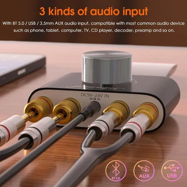 Alt view image 10 of 14 - Mini Bluetooth 5.0 Power Amplifier, Stereo Hi-Fi Digital Amp 2.0 Channel 50W×2 with AUX/USB/Bluetooth Input, Wireless Audio Receiver, PC Sound Card with Power Supply (Black)