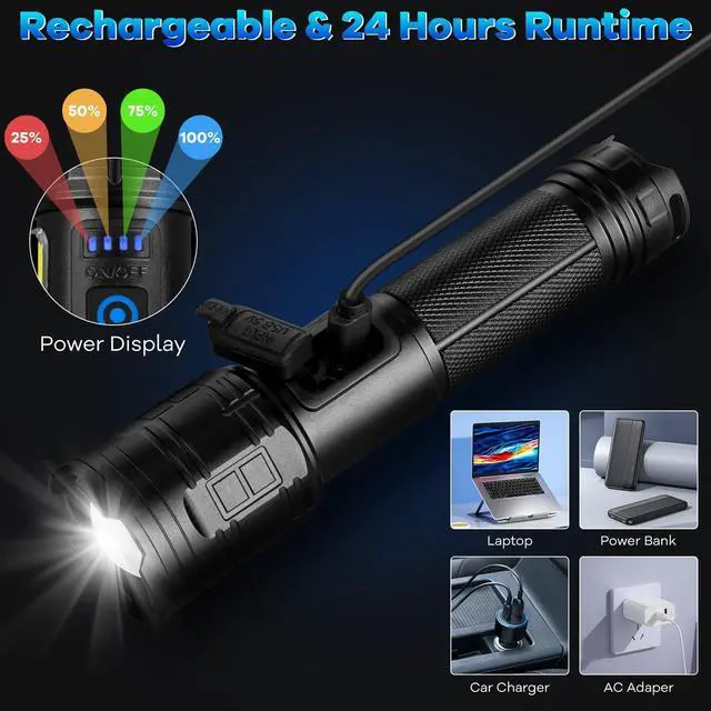 Alt view image 10 of 13 - Rechargeable Flashlights 90,000 High Lumens - 2 Pack, Super Bright Flash Light with 7 Lighting Modes, 24H Long Life Powerful Flashlight with Side Light, IPX7 Waterproof Flashlight for Camping Home