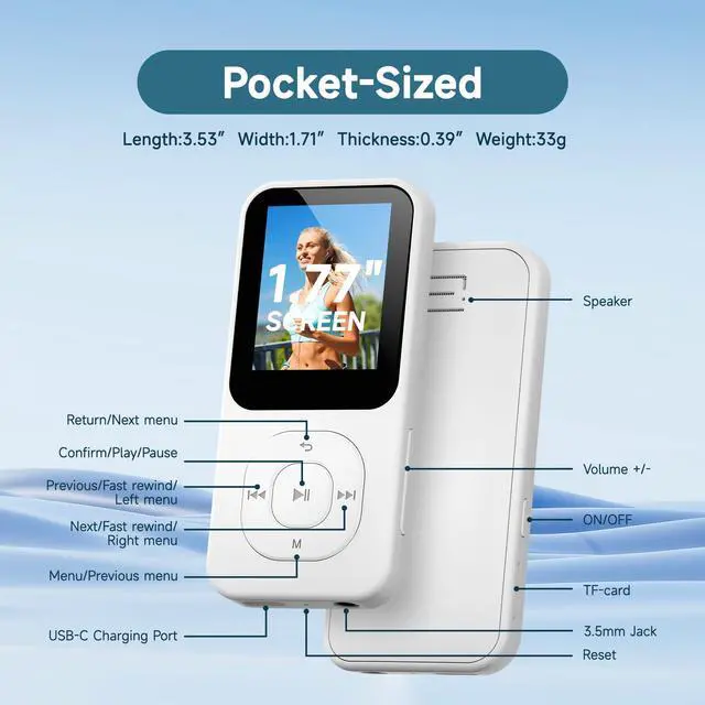 Alt view image 11 of 11 - 64GB MP3 Player with Bluetooth 5.3-30Hrs Music Playtime, PECSU Portable Music Player for Sports Runners with HD Speaker, Voice Recorder, FM Radio, E-Book, Timer Off, Expandable Up to 256GB (White)