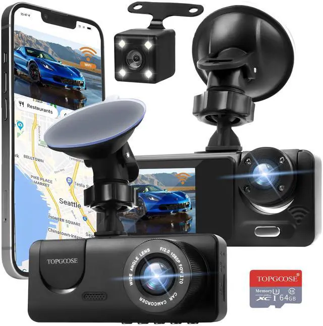 Alt view image 8 of 14 - 3 Channel Dash Cam WiFi FHD 1080P Car Camera, Front Dash Camera for Cars with 64GB Card, Mini Dashcams for Cars with Night Vision, 24 Hours Parking Mode, WDR, Loop Recording, G-Sensor, APP