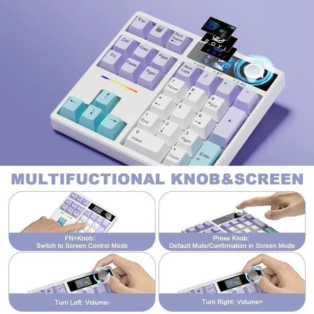 Alt view image 11 of 12 - TD31Pro Mechanical Number Pad,30 Keys Hot Swap Wireless BT5.0/2.4GHz/Type-C Wired Numeric Keypad Programmable RGB Gaming Numpad Keyboard with Knob Screen for Laptop/Mac (White-Purple)