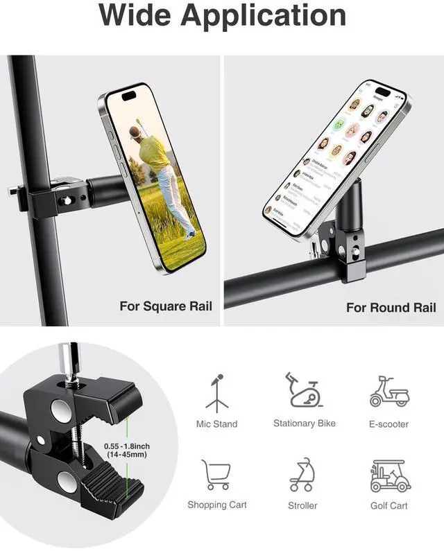 Alt view image 11 of 14 - Magnetic Phone Clamp Mount, Adjustable Phone Holder for Mic Stand/Music Stand/Golf Cart/Treadmill/Stroller/Shopping Cart/Stationary Bike, iPhone Clamp Mount for Magsafe iPhone 16 15 14