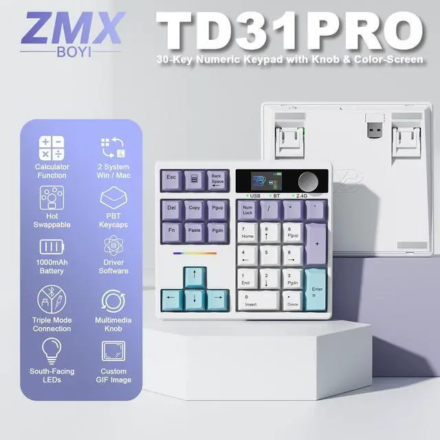 Alt view image 9 of 12 - TD31Pro Mechanical Number Pad,30 Keys Hot Swap Wireless BT5.0/2.4GHz/Type-C Wired Numeric Keypad Programmable RGB Gaming Numpad Keyboard with Knob Screen for Laptop/Mac (White-Purple)