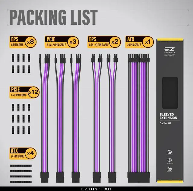 Alt view image 14 of 14 - PSU Cable Extension Kit,16AWG Power Supply Extension Cable,1x24Pin/2x4+4 EPS/3x6+2 PCI-E,Custom PC Sleeve Cable 300MM with Combs-Black Purple