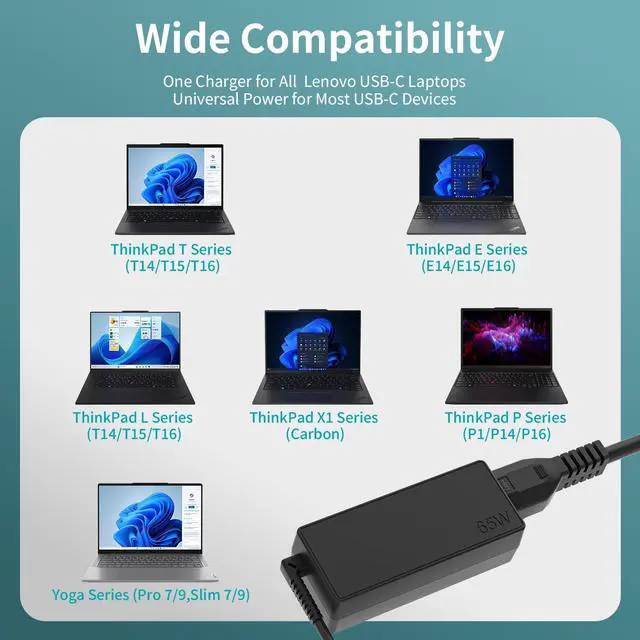 Alt view image 11 of 14 - USB-C Laptop Charger for Lenovo ThinkPad, Yoga, ThinkBook & Chromebook, Laptop Charger Type C AC Adapter with Power Cord, Chromebook Charger USB-C 65W/45W