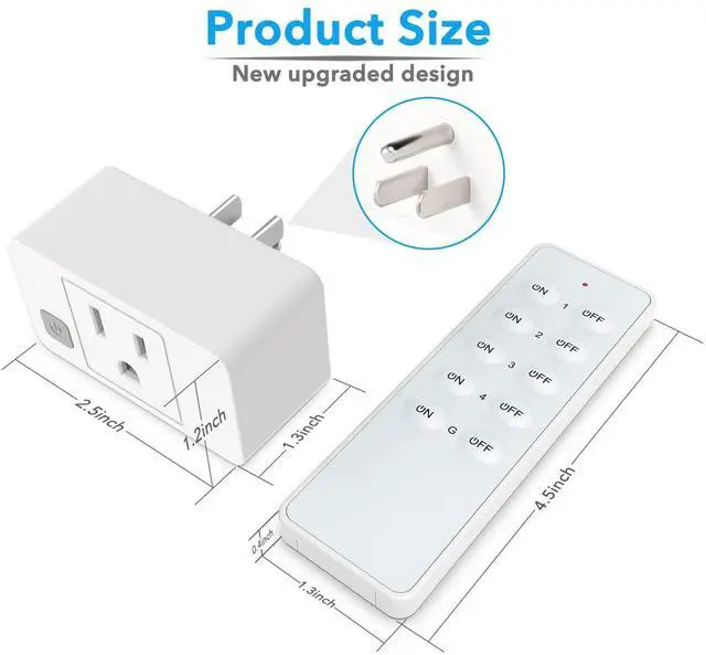 Alt view image 9 of 13 - Wireless Remote Control Outlet Switch, Remote Plug Sockets 230ft RF Range, Remote Light Switch Kit for Household Appliances, 5 Outlets + 2 Remotes, 1800W, White