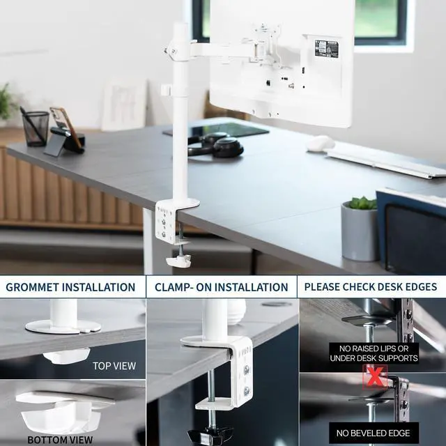 Alt view image 12 of 14 - Single Monitor Arm Desk Mount, Holds Screens up to 32 inch Regular and 38 inch Ultrawide, Fully Adjustable Stand with C-Clamp and Grommet Base, VESA 75x75mm or 100x100mm, White, STAND-V001W