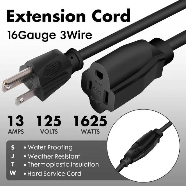 Alt view image 9 of 14 - 30ft Black Outdoor Extension Cord Waterproof, UL Listed, 16/3 SJTW Heavy Duty 3 Prong, 16 Gauge 13A Power Cord Ideal for Indoor Outdoor Lights, Appliances, and Lawn