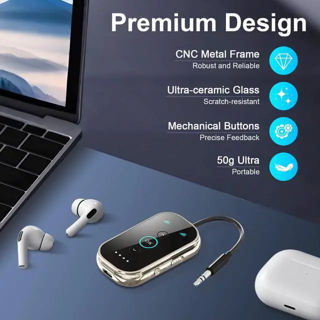 Alt view image 11 of 14 - Bluetooth 5.4 Transmitter Receiver - CNC Aluminum & Ceramic Glass | Dual Link for 2 AirPods/Headphones | aptX Adaptive/HD Audio | Wireless Transmitter for Airplane/TV/Car/Gym